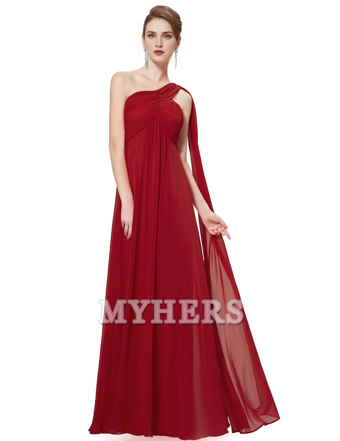 One Shoulder Empire Waist Chiffon Pleated Elegant Long Bridesmaid Dresses Wedding Guests Dresses
