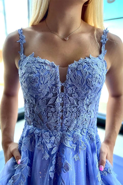 Tulle Appliques Lace-Up A-Line Long Prom Dress