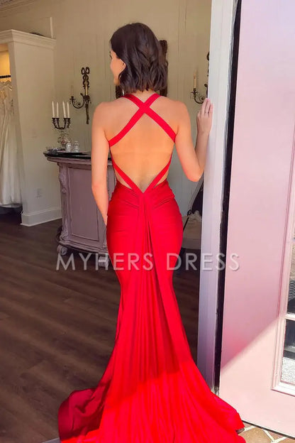 My Hers Ladies Formal Dress Elegant Mermaid V Neck Satin Backless Long Charming Prom Dress