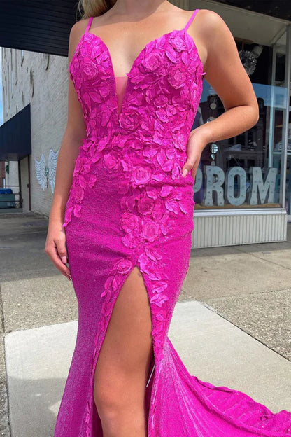 Sparkly Mermaid V Neck Fuchsia Sequins Long Prom Dresses with Appliques