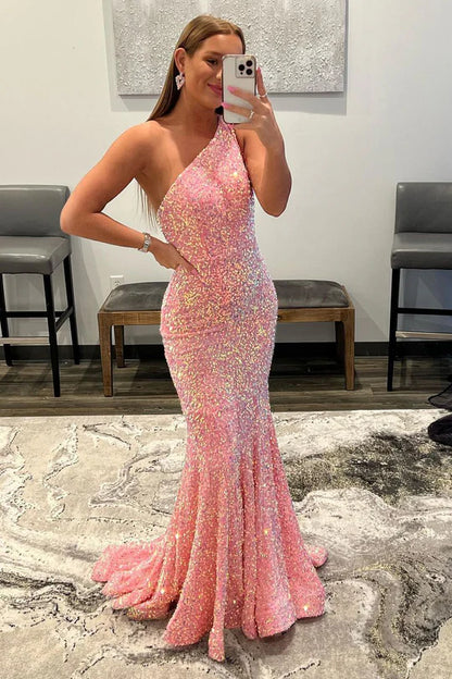 Charming Sparkly Mermaid One Shoulder Pink Sequins Backless Long Prom Dresses