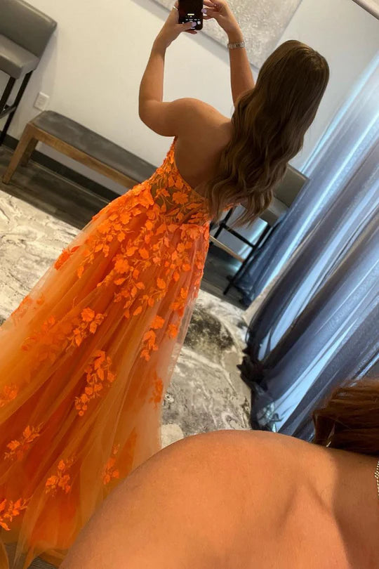 Cute Ball Sweetheart Orange Sleeveless Off-the-Shoulder 3D Appiques Prom Dresses