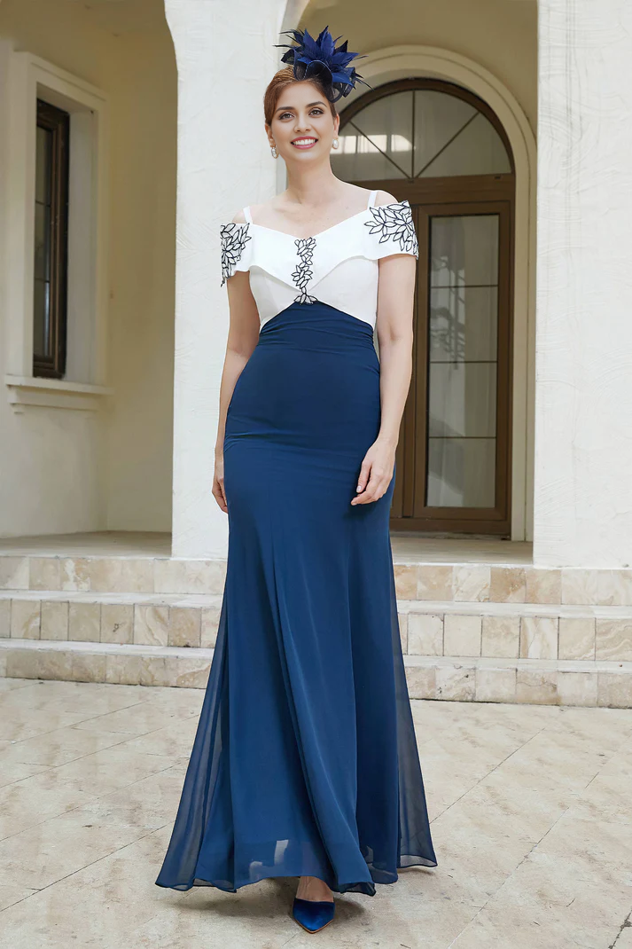 Fall November December Wedding Guest Dress Mother of the Groom / Bride Dresses Sheath Off-the-Shoulder Chiffon Cultivate oneself Long Formal Dresses