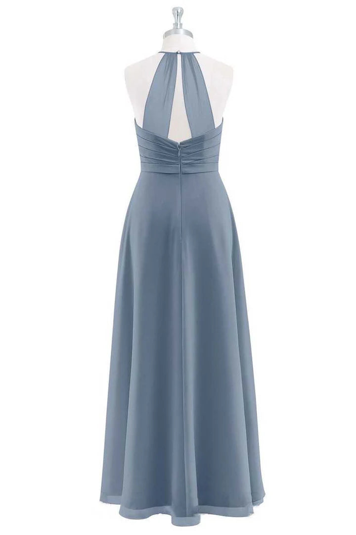 Dusty Blue Chiffon Halter Ruffled Back Cutout A-Line Maid of Honor Dress