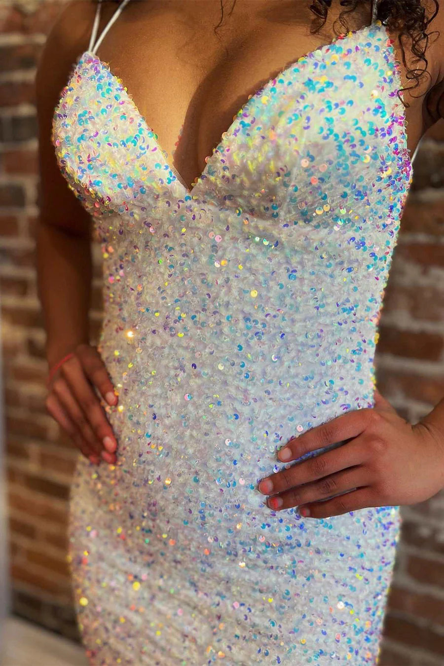 Sequin V-Neck Lace-Up Mermaid Long Prom Dress