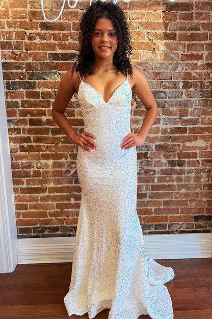 Sequin V-Neck Lace-Up Mermaid Long Prom Dress