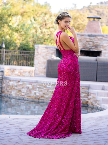 Formal Women's Dresses Wedding Guest Dresses Mermaid One Shoulder Sequin Sweep Train Prom Dress Backless Side Fork Sparkle Evening Dress