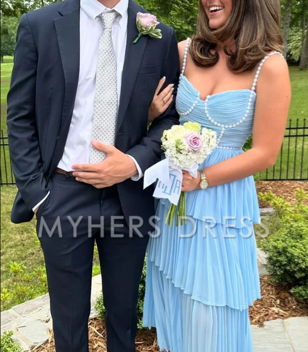 My Hers Ladies Formal Dress Cute A Line Sweetheart Pleat Tiers Chiffon Long With Pearls Beading Exquisite Prom Dress