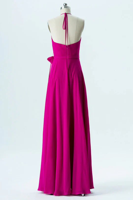 Neon Pink Halter Cowl Neck Unique design Bridesmaid Dress