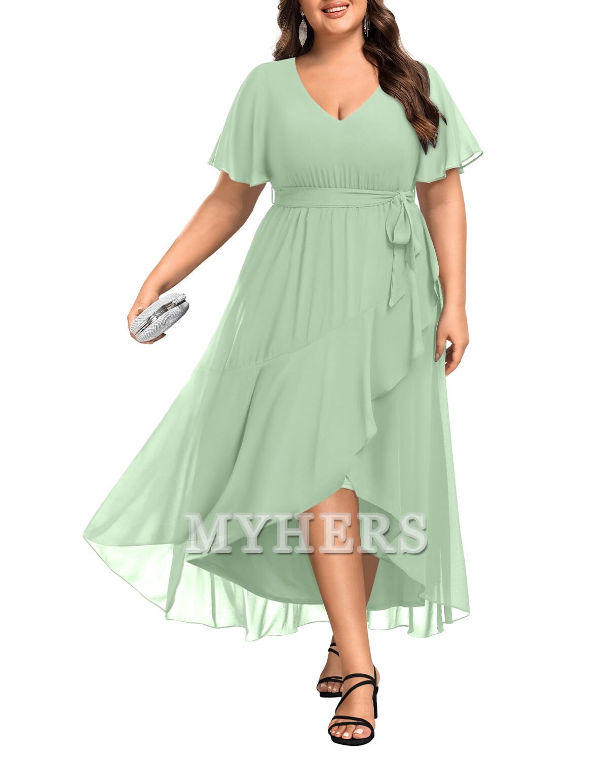 Plus Size Long Dress Chiffon High Low Split Ruffle Bridesmaid Dresses Wedding Guests Dresses