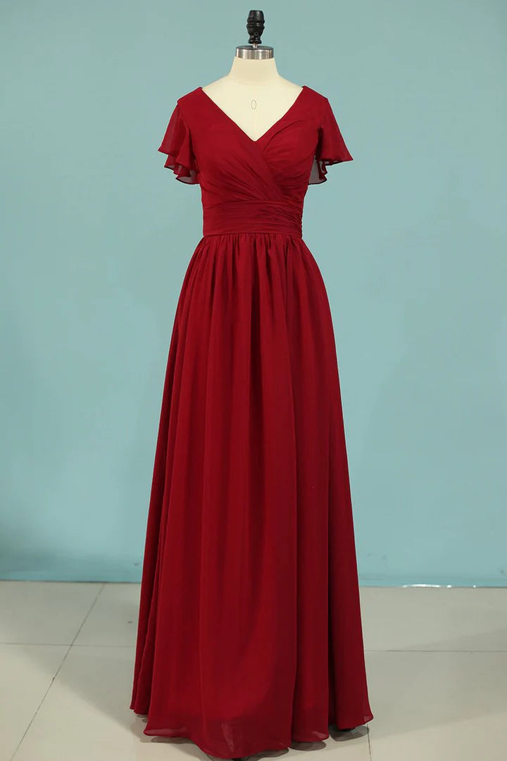 V-Neck Ruffled A-Line Long Bridesmaid Dress