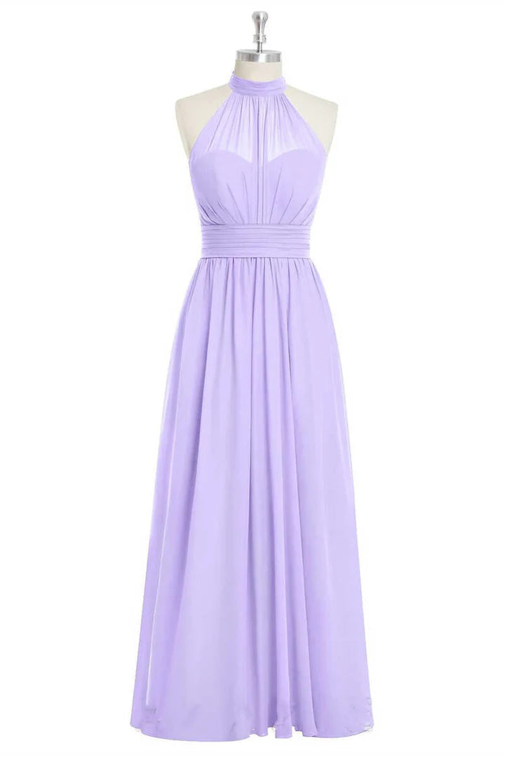 Lavender Chiffon Halter Round neck A-Line Long Bridesmaid Dress