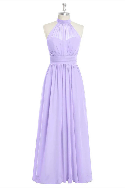 Lavender Chiffon Halter Round neck A-Line Long Bridesmaid Dress