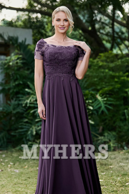 My Hers New Product Mother of The Bride Dress Ruched Applique Short Sleeves Chiffon Long Dress Elegant Formal Dress High Quality Wedding Guests Dresses