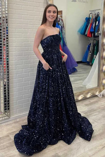 Sparkly A Line Off-the-Shoulder Strapless Navy Sequins Long Prom Dresses with Pockets