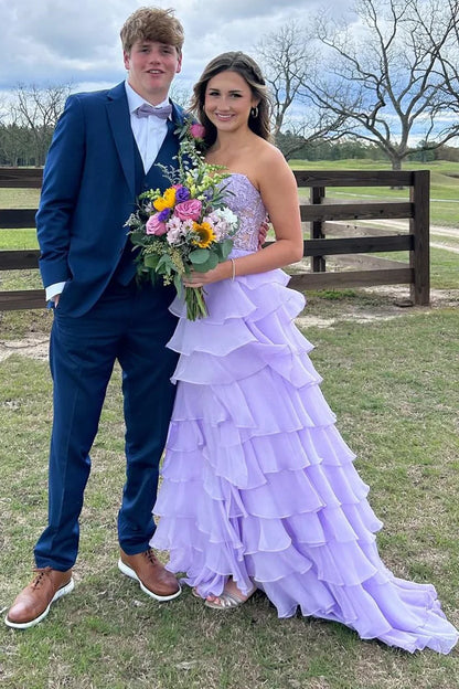 Chiffon Sweetheart Ruffle Tiered Long Prom Dress