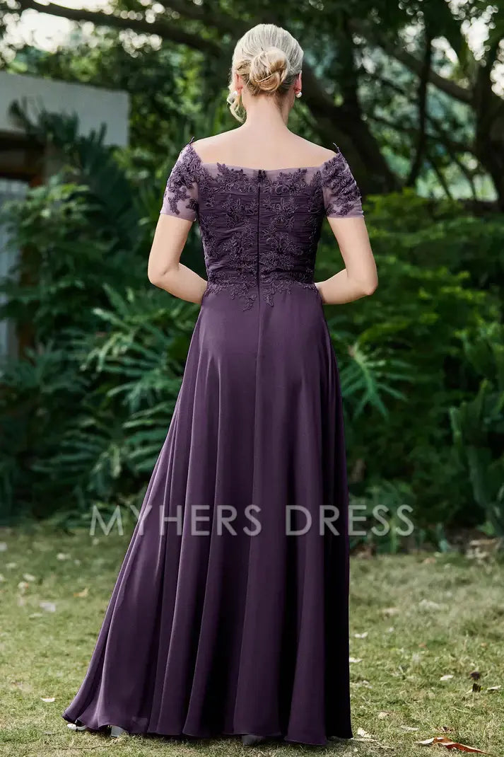My Hers New Product Mother of The Bride Dress Ruched Applique Short Sleeves Chiffon Long Dress Elegant Formal Dress High Quality Wedding Guests Dresses