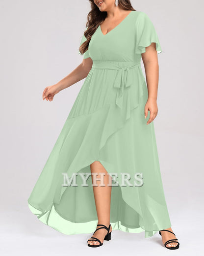 Plus Size Long Dress Chiffon High Low Split Ruffle Bridesmaid Dresses Wedding Guests Dresses