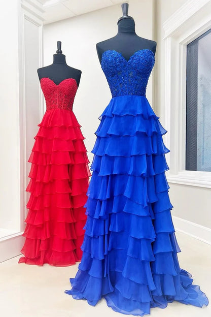 Chiffon Sweetheart Ruffle Tiered Long Prom Dress