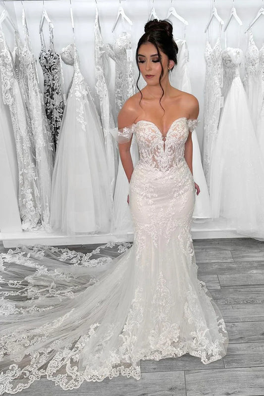 Charming Mermadi V-Neck Off the Shoulder Ivory Tulle Wedding Dresses with Appliques