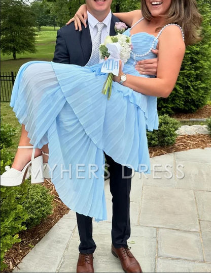 My Hers Ladies Formal Dress Cute A Line Sweetheart Pleat Tiers Chiffon Long With Pearls Beading Exquisite Prom Dress