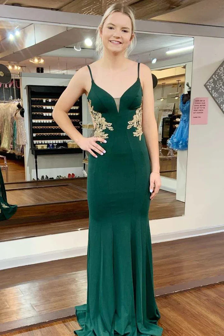 V-Neck Appliques Backless Mermaid Long Formal Dress