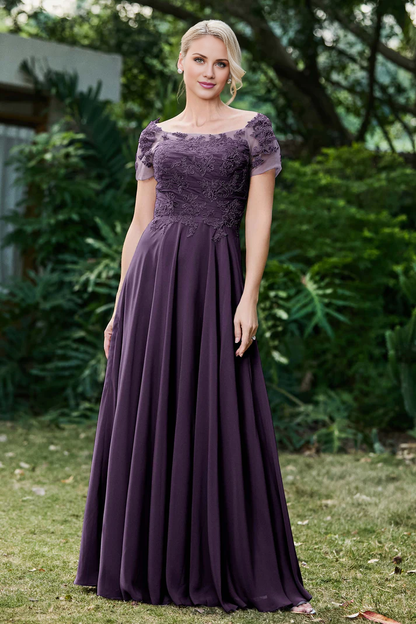 My Hers New Product Mother of The Bride Dress Ruched Applique Short Sleeves Chiffon Long Dress Elegant Formal Dress High Quality Wedding Guests Dresses