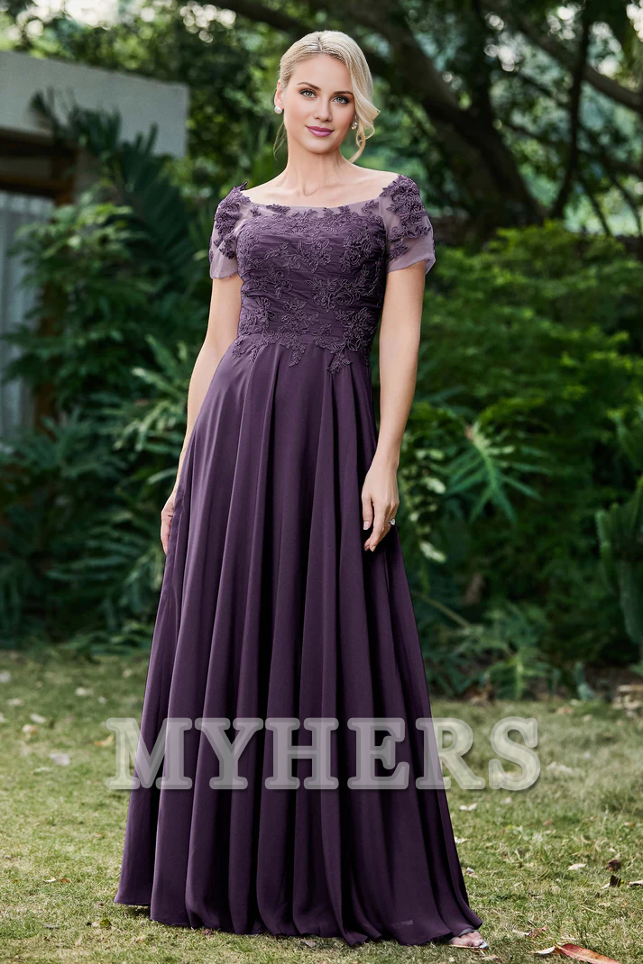 My Hers New Product Mother of The Bride Dress Ruched Applique Short Sleeves Chiffon Long Dress Elegant Formal Dress High Quality Wedding Guests Dresses