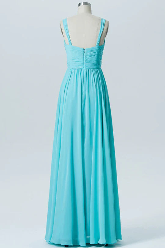 Aqua Blue Chiffon V-Neck Rhinestone Straps Backless Bridesmaid Dress