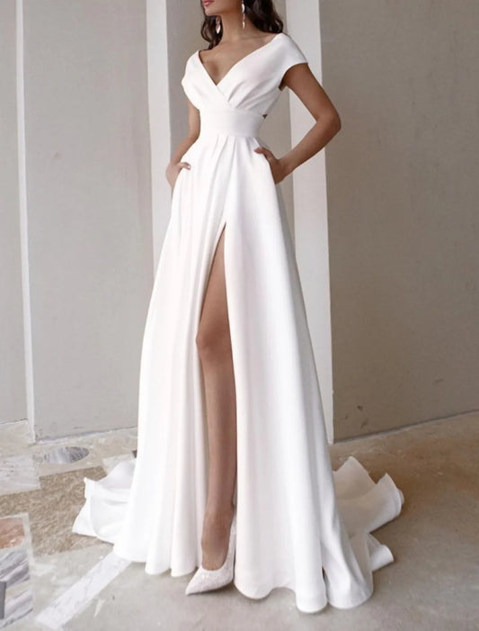 A Line/Princess V-Neck Off-the-Shoulder Cap Sleeve Wedding Dresses Sweep / Brush Train with Split Front