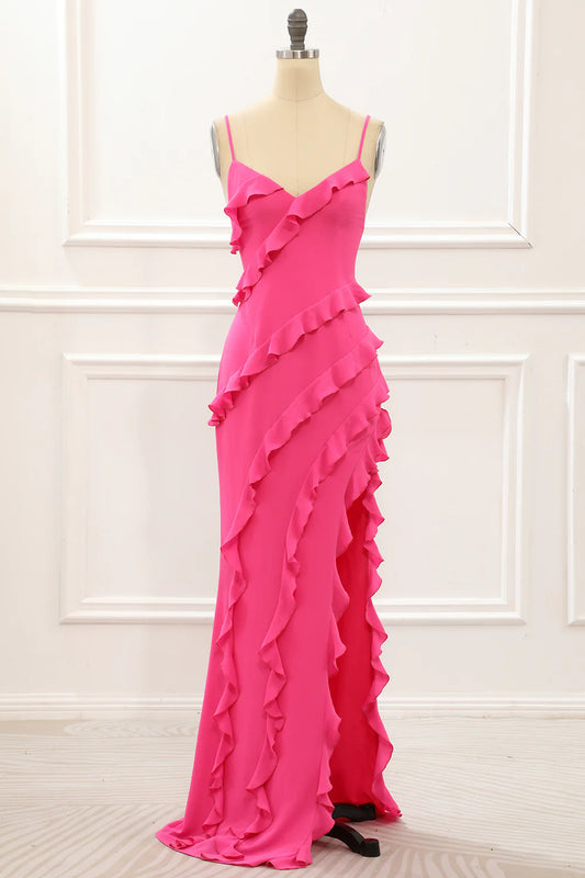Hot Pink Chiffon V-Neck Spaghetti Strap Ruffles Backless Prom Dress with Slit