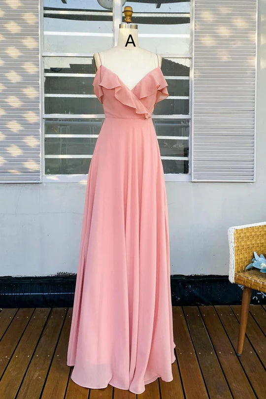 Pink Chiffon Off-the-Shoulder Lace-Up Ruffled V-Neck Bridesmaid Dress