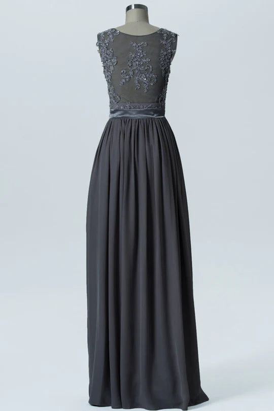 Charcoal Grey Chiffon Wide Straps Embroidered Bridesmaid Dress