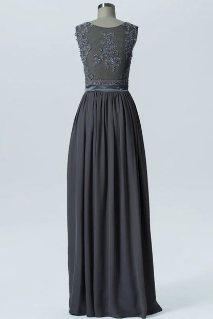 Charcoal Grey Chiffon Wide Straps Embroidered Bridesmaid Dress