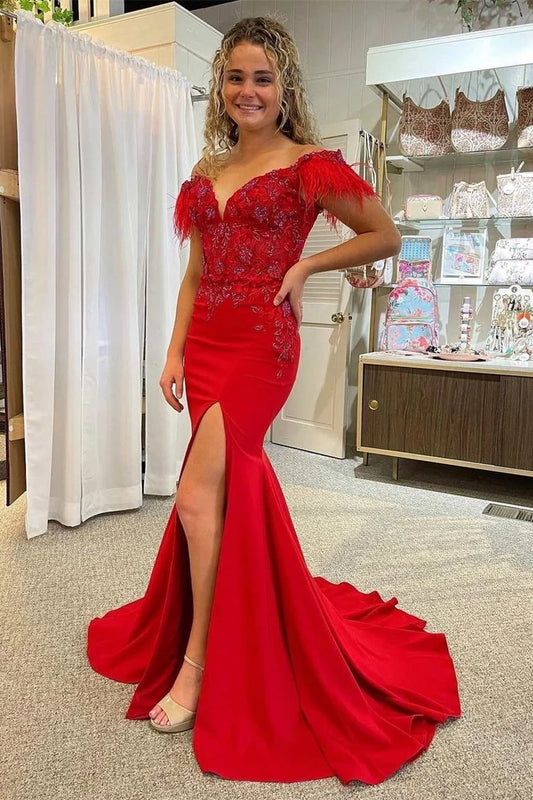 Lace Feather Off-the-Shoulder Mermaid Long Prom Dress