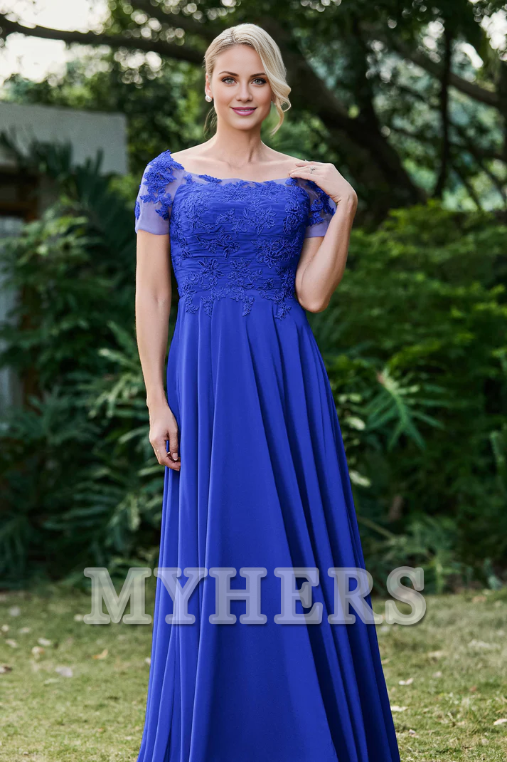 My Hers New Product Mother of The Bride Dress Ruched Applique Short Sleeves Chiffon Long Dress Elegant Formal Dress High Quality Wedding Guests Dresses