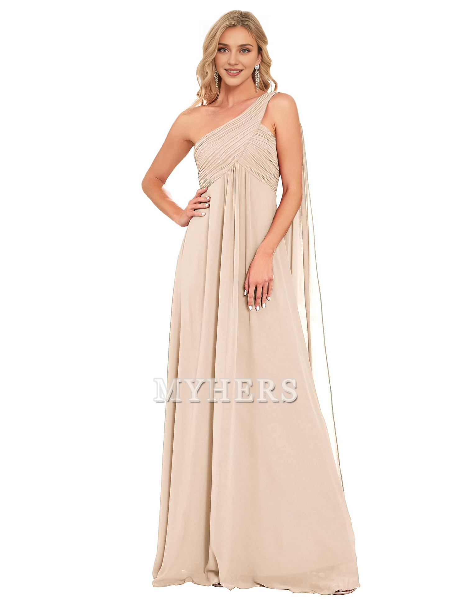 One Shoulder Empire Waist Chiffon Pleated Elegant Long Bridesmaid Dresses Wedding Guests Dresses