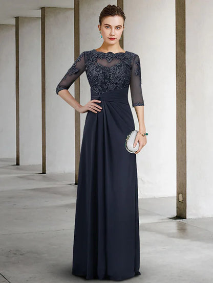 Mother of the Bride Dress Elegant Jewel Neck Floor Length Chiffon Lace Half Sleeve with Pleats Appliques