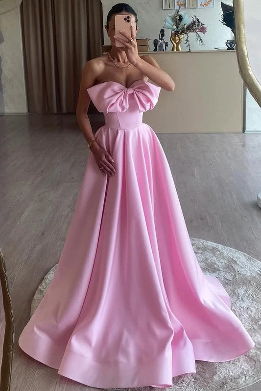 Formal Women's Dresses Wedding Guest Dresses A-Line Strapless Bow Satin Pleated Long Prom Dress Sweep Train High Quality Gorgeous Evening Dress