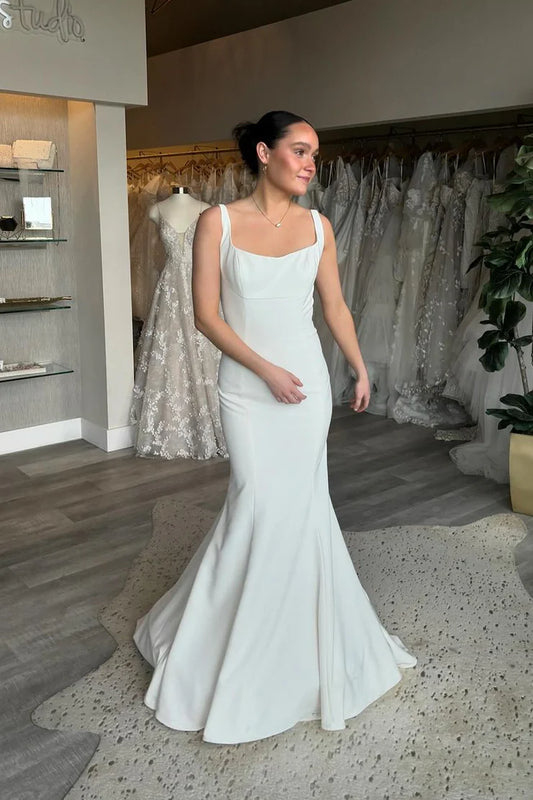Mermaid Square Neck Strap Satin Lace-Up Back Floor-Length Backless Wedding Dresses
