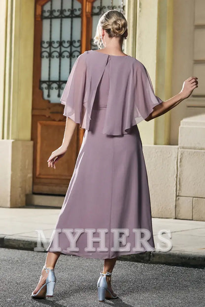 My Hers New Product Mother of The Bride Dress Tea-Length Jewel Flutter Sleeves Chiffon Dress Elegant Wedding Guests Dresses