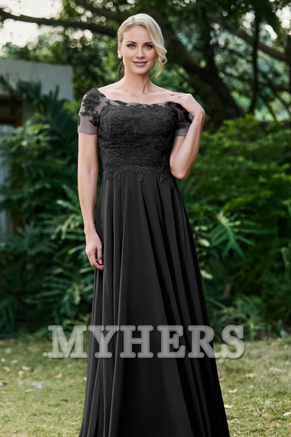 My Hers New Product Mother of The Bride Dress Ruched Applique Short Sleeves Chiffon Long Dress Elegant Formal Dress High Quality Wedding Guests Dresses