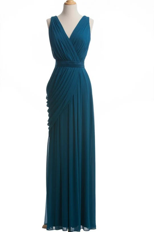 Teal Chiffon V-Neck Sleeveless Unique design Bridesmaid Dress