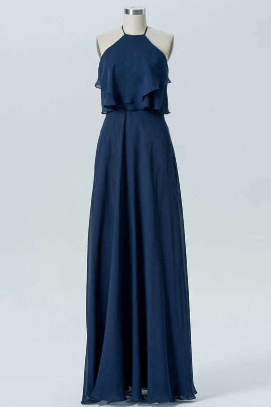 Navy Blue Chiffon Halter  Sleeveless Backless Ruffled Bridesmaid Dress