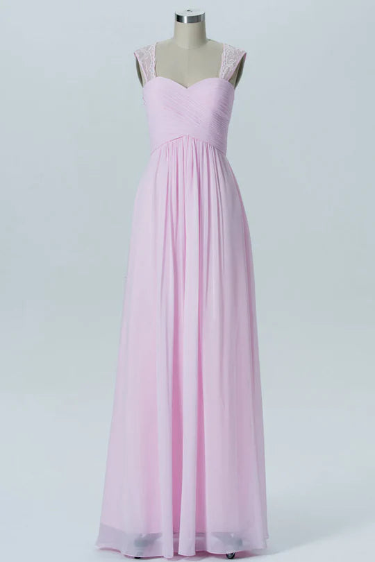 Pink Lace Straps Square neck Chiffon Cutout Back Bridesmaid Dress