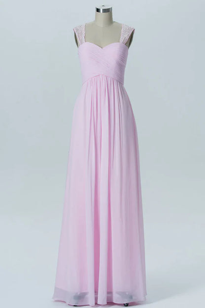 Pink Lace Straps Square neck Chiffon Cutout Back Bridesmaid Dress