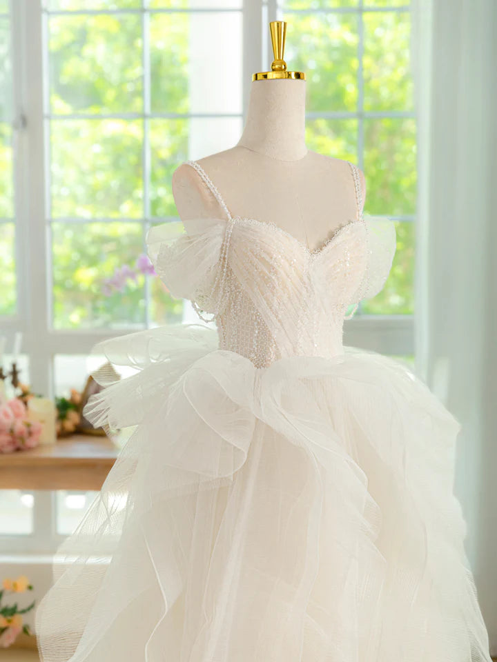 Sweet Heart-shaped collar Bead Decoration Shoulder strap Tulle Beads Long Fantastic Tulle Irregular Prom Dress