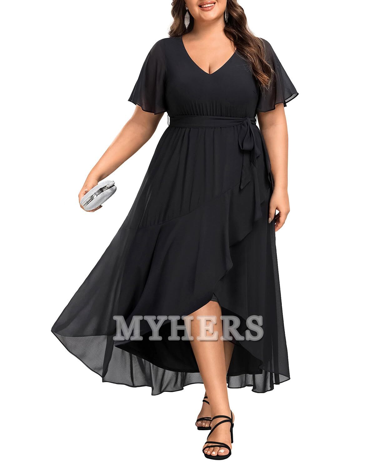 Plus Size Long Dress Chiffon High Low Split Ruffle Bridesmaid Dresses Wedding Guests Dresses
