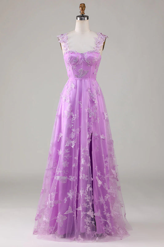 Purple A Line Square Neck Corset Split Fork Prom Dress with 3D Butterflies