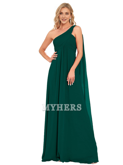 One Shoulder Empire Waist Chiffon Pleated Elegant Long Bridesmaid Dresses Wedding Guests Dresses